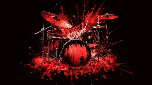 Explosive red drum kit rendered with dynamic digital splatter