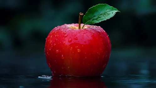 Red apple with leaf resting on reflective wet surface.