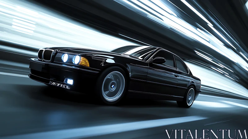 Black sedan moves at high speed through illuminated tunnel