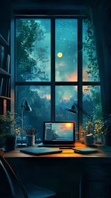 Moonlit home office glows against dreamy forest window view.