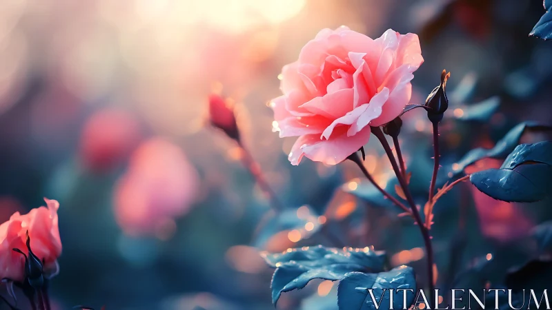Pink Rose in Soft Focus Garden with Blue Foliage