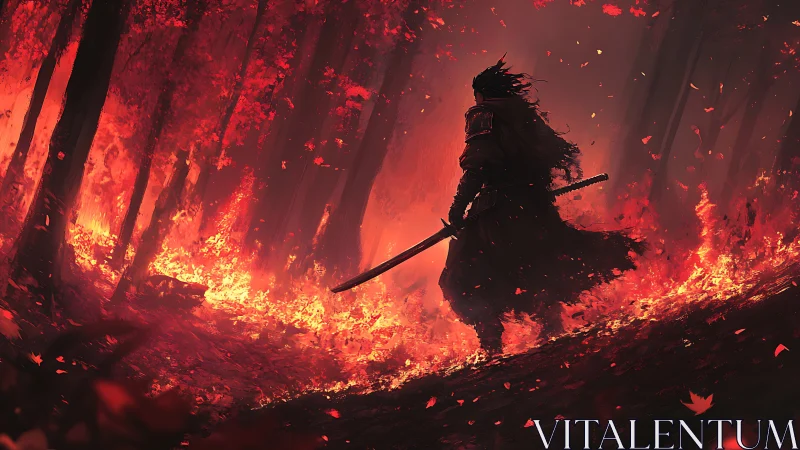 Lone swordsman walks the burning forest’s crimson horizon
