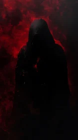 Shrouded hooded figure outlined by dense red smoke clouds.