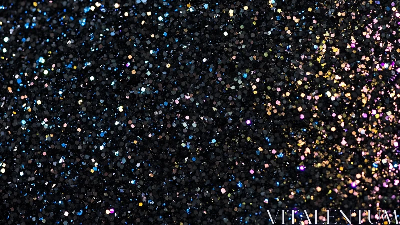 Black glitter background with multicolored sparkles, macro style.