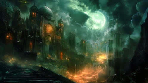 Moon-drowned infernal citadel under emerald stormlight.