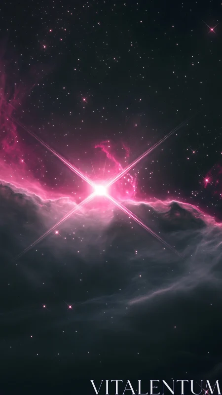Stellar pink burst over dark nebula cloudscape in space.