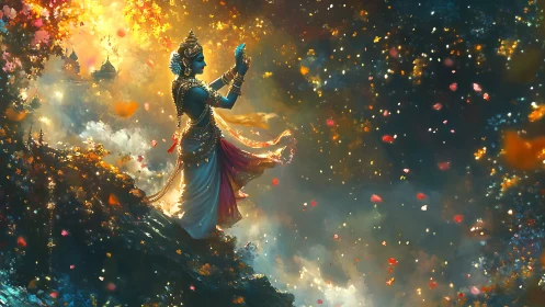 Celestial blue deity amid radiant cosmic blossoms.