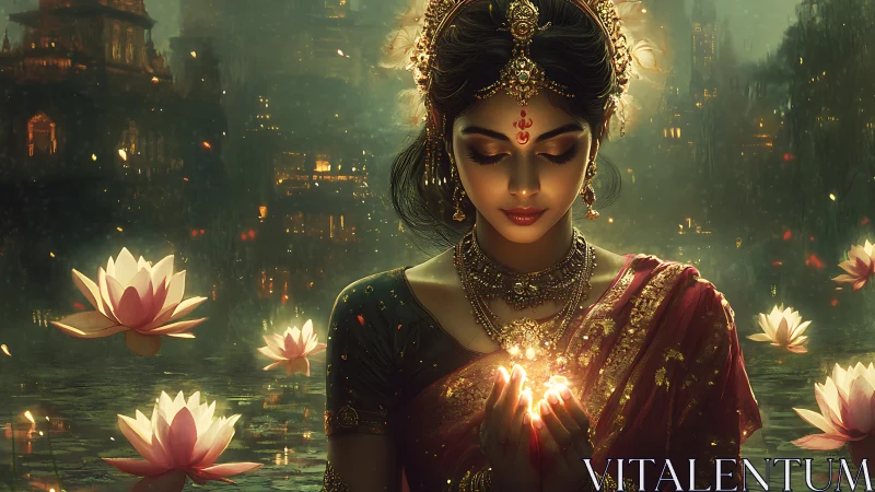 Mythic river goddess with luminous lotus energy core.