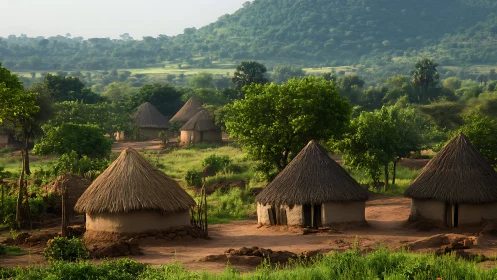 Rural African village huts under lush green hills at dawn.