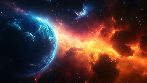 Blue exoplanet intersects with high-contrast stellar nebula