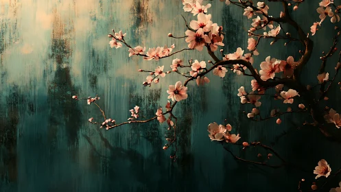 Cherry blossoms drift softly across a moody teal backdrop