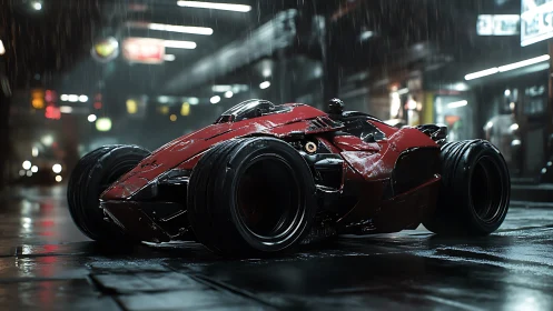 Rain-slicked cyber racer crouches low on neon-soaked asphalt