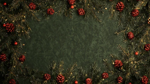 Symmetrical pine border with red cones on textured green backdrop