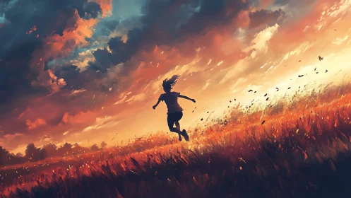 Silhouette figure moving through field under vivid sky.