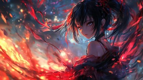 Dark haired anime girl in swirling red and blue light.