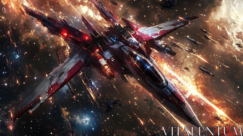 Red and white starfighter leads a cinematic space battle.