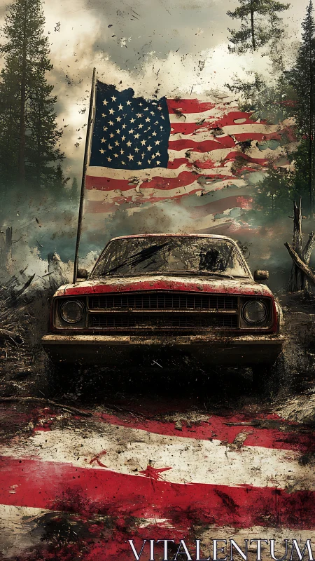 Rusty pickup and tattered flag in a storm of memories.
