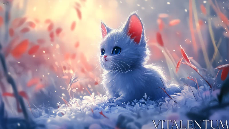 Blue Kitten in Snowy Garden with Red Foliage and Warm Glow