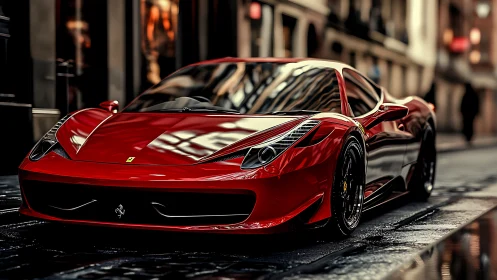 Red supercar reflects city lights on wet cobblestone street.