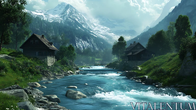 Mountain river valley with wooden cabins and conifer slopes.