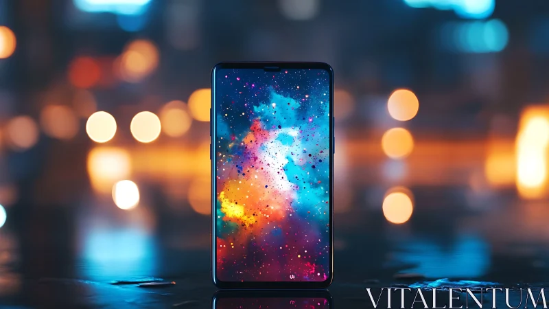 Smartphone framed by neon bokeh with cosmic burst display.