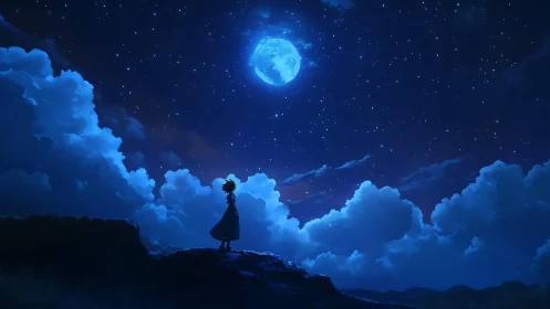 Silhouetted figure stands beneath full moon and dense starfield