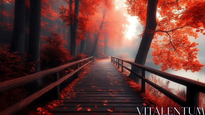 Crimson forest walkway invites quiet journeys beside the lake