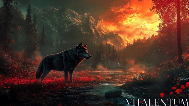 Lone wolf wandering through a fiery twilight valley.