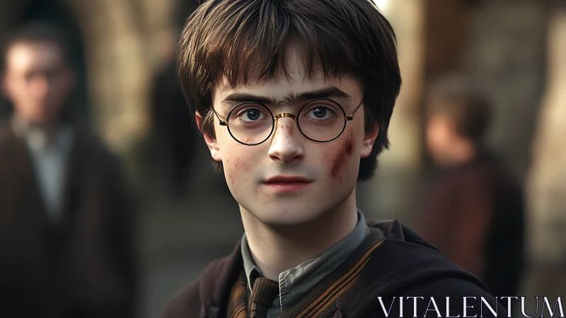 Photorealistic portrait of injured teen in soft depth-of-field.