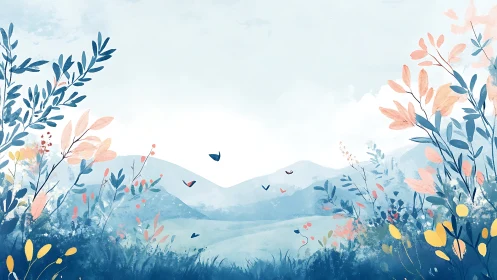 Digital landscape shows stylized foliage framing distant hills