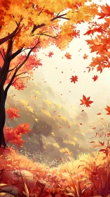 Golden autumn forest valley under drifting maple leaves.