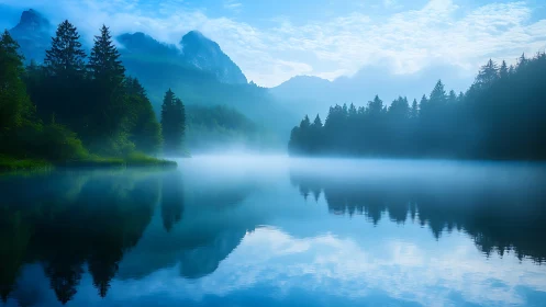 Mountain lake reflects tree line in low morning mist