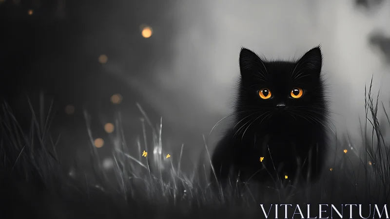 Black Cat with Amber Eyes in Misty Grassland Setting