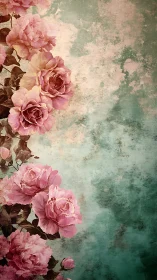 Vintage pink roses on textured teal and beige background.