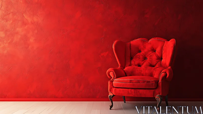 Red velvet armchair anchors bold monochrome interior wall