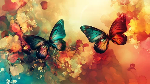 Vivid butterflies hover over abstract floral color field