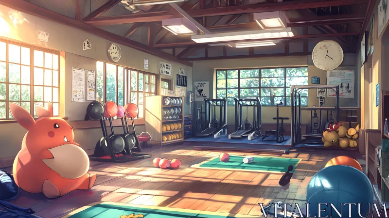 Cartoon creatures resting inside bright daylight gym room