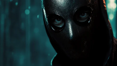Hooded masked figure in low key teal illuminated scene.