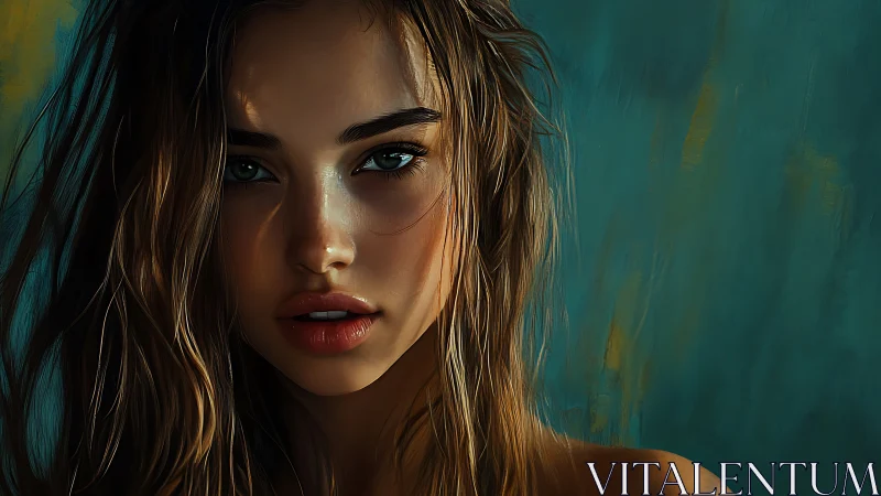 Digital portrait of wet-haired woman in teal studio light.