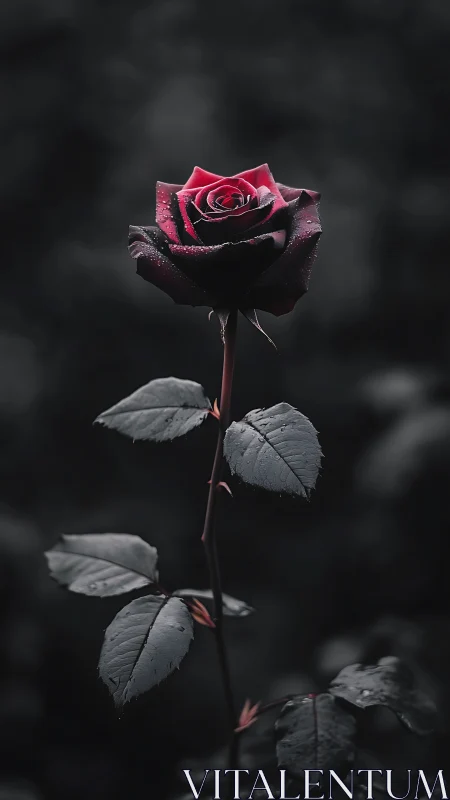 Deep crimson rose with water droplets against dark atmospheric backdrop