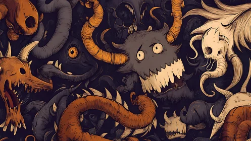 Grotesque horned creatures interwoven in chaotic nocturnal swarm.