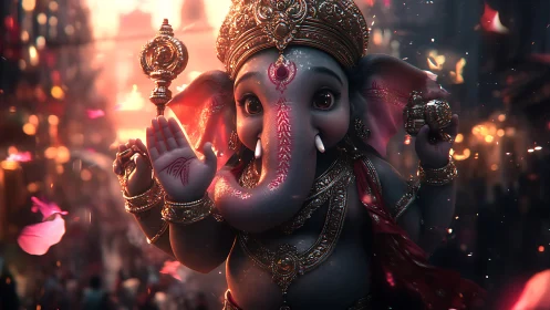 Divine elephant deity child rendered in warm festive light