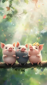Three stylized baby piglets perched on forest branch, bokeh light