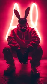 Backlit rabbit-eared figure crouches under magenta neon halo glow