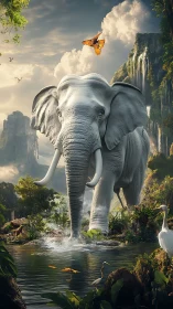 Majestic white elephant strides through luminous jungle pool.