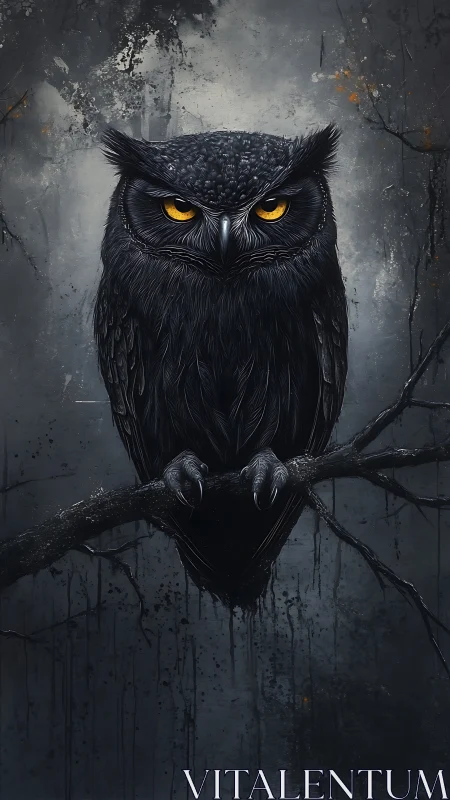 Nocturnal black owl rendered with hyper-detailed digital chiaroscuro
