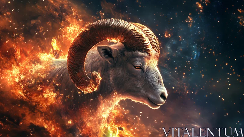 Gentle celestial ram glowing amid swirling cosmic fire.