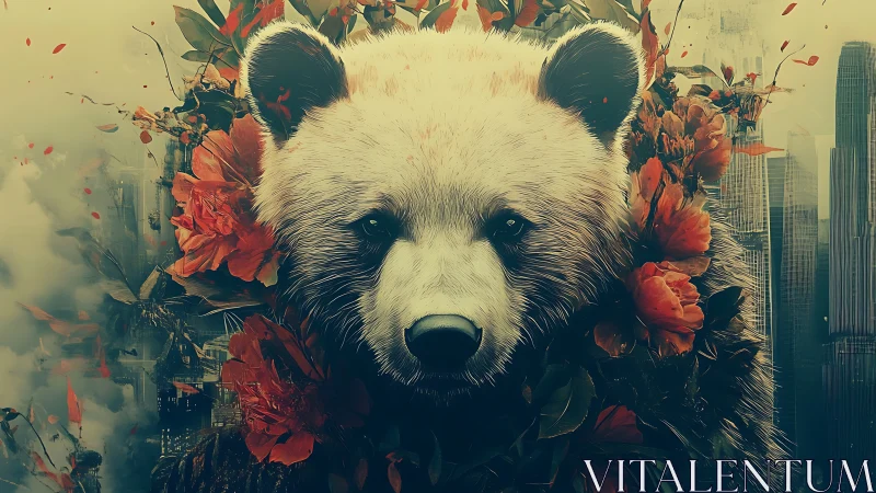 Panda crowned with scarlet blooms over dystopian cityscape.