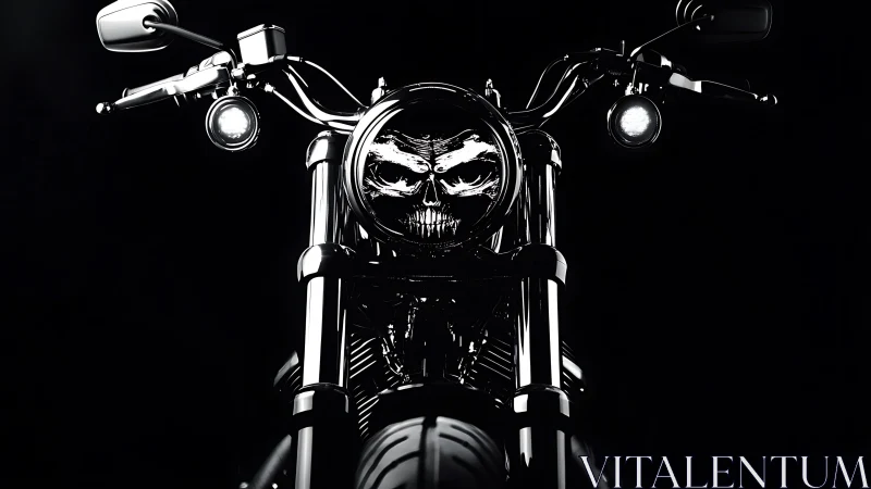 Low-key frontal motorcycle portrait with skull-integrated headlamp