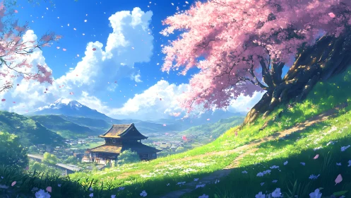 Cherry blossoms overlook sunlit valley temple under clear sky